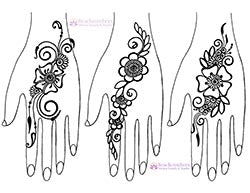 Three drawn hands with simple flower henna designs combined with swirls