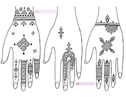 Three hands drawn with Mauritanian henna designs.