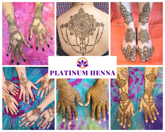 Collection of 6 examples of platinum henna designs on hands, feet, and back