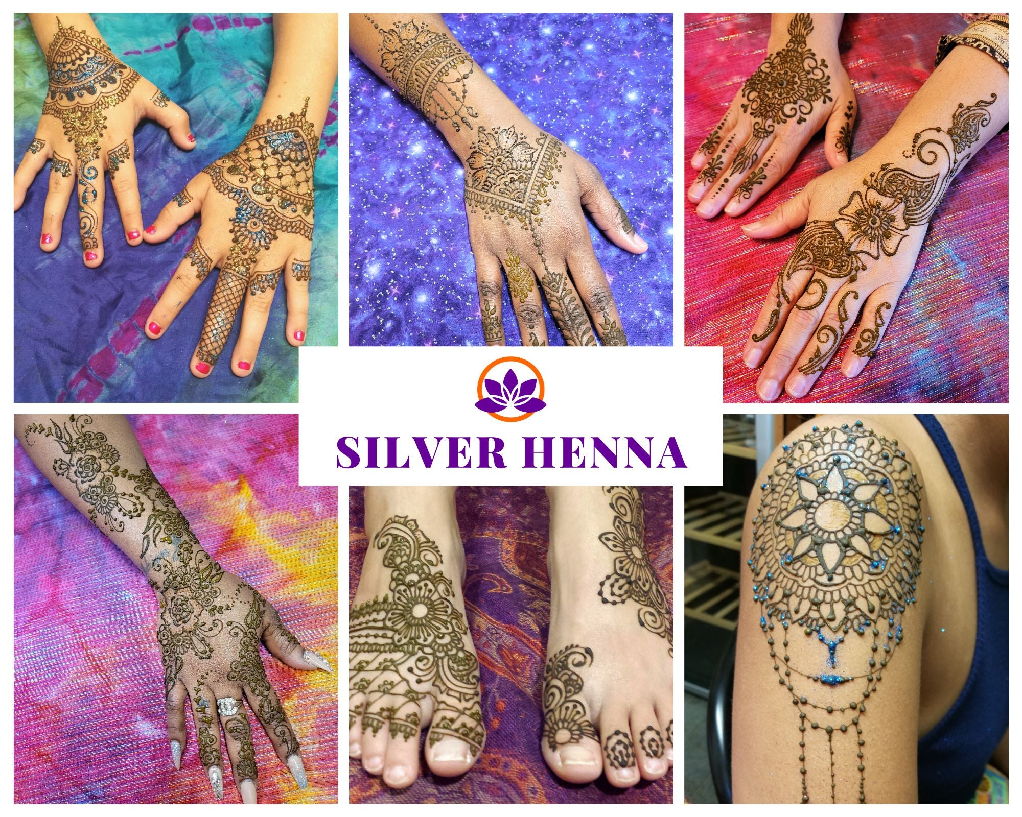 Collection of 6 sample pictures of Silver henna designs on hands, feet and shoulder