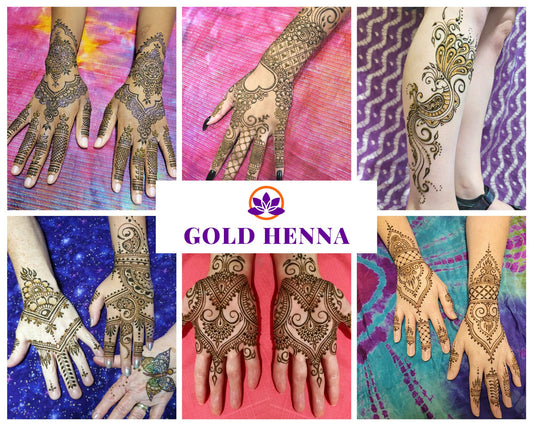 Samples of 6 Gold Henna designs on the hands and the calf