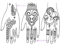 Three drawn hands with three henna designs, mod, hearts, and lotus