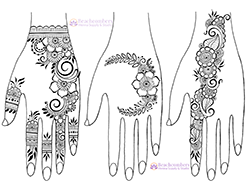 Three drawn hands with delicate floral henna designs with different layouts