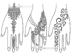 Designs of hands with intricate patterns on a white background