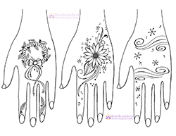 Illustration of hands with decorative winter holiday henna designs on a white background