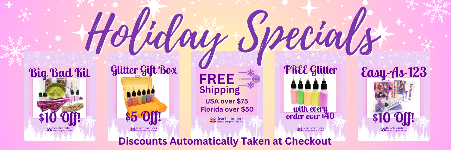 Graphic says "Holiday Henna Specials" with pictures of henna sale items and snowflakes