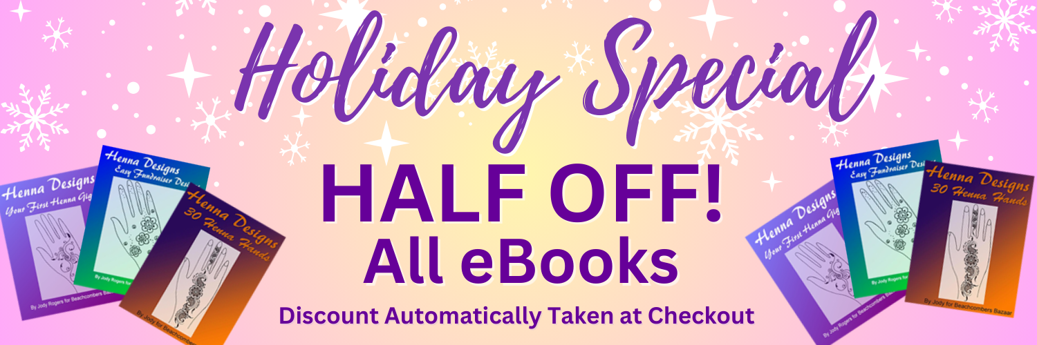 Promotional banner for holiday special with half-off eBooks on a pink and purple gradient background.