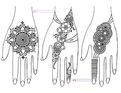 Illustration of hands with intricate black henna designs on a white background