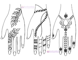 Illustrations of hands with various henna  vine designs on a white background