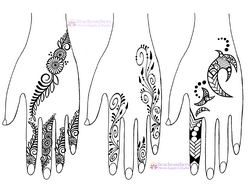 Illustration of hands with simple henna designs on a white background