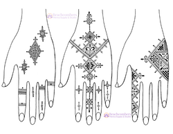 Set of geometric Moroccan hand and finger henna designs on a white background