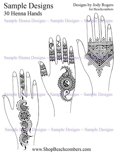 3 sample henna designs from ebook, each design is a different style (Indo-Arabic, Moroccan, and Indian fusion)