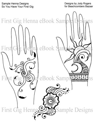 Drawn sample henna designs from henna design ebook. Two designs on hands and one floral freeform design.