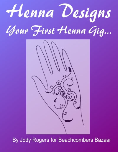 Cover for henna ebook. Drawn hand with spiral henna design on a purple background