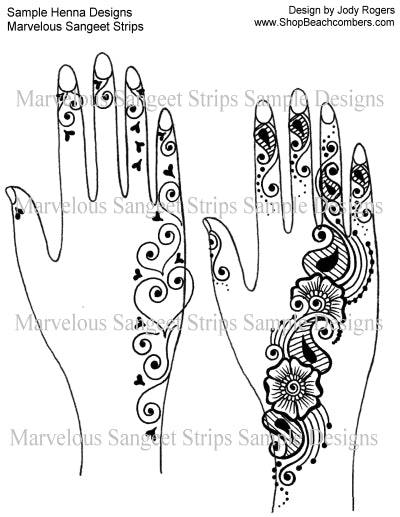 Two drawings of very different samples of a sangeet strip henna design.