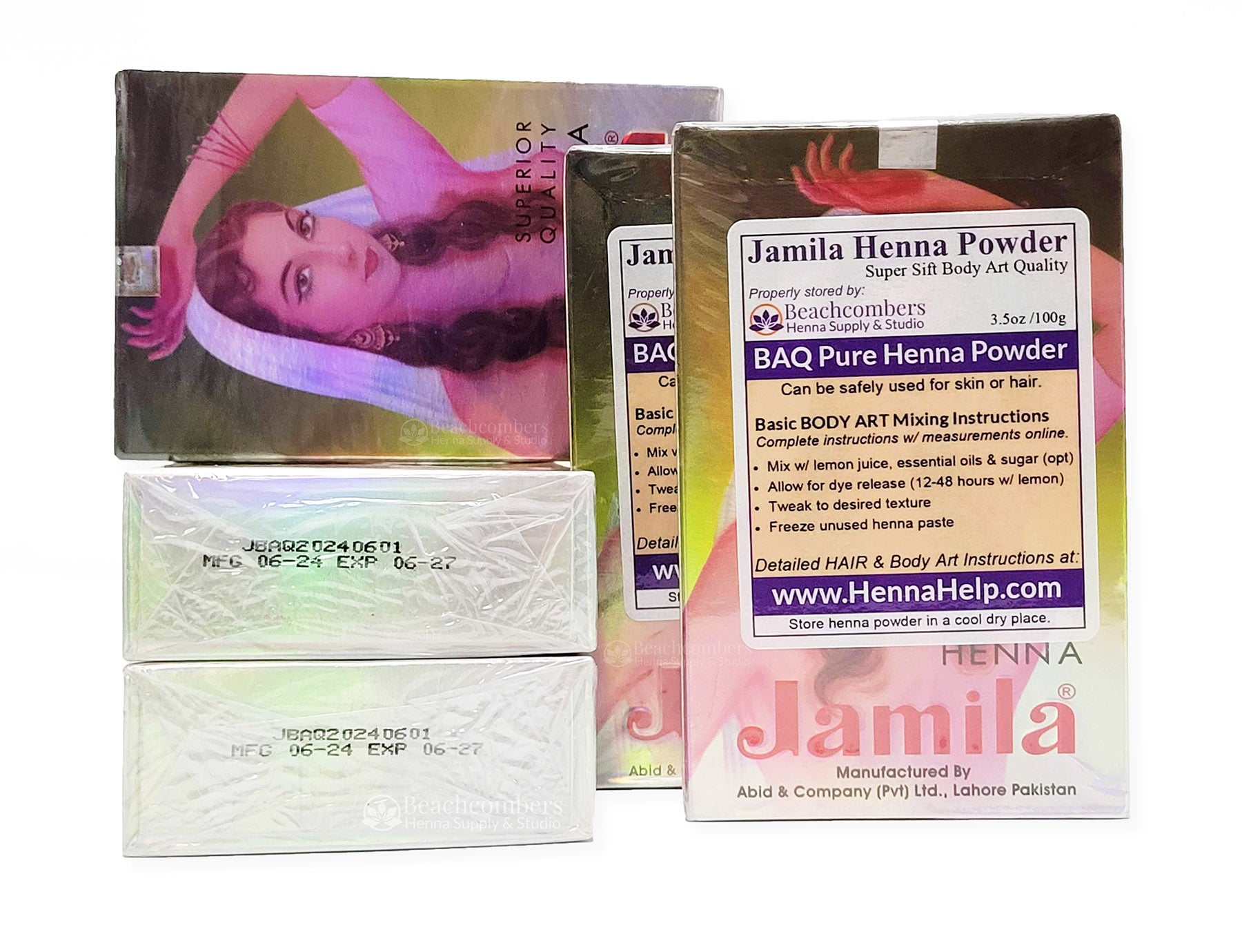 2024 Jamila Henna Powder BAQ -5 boxes. two showing the exp date