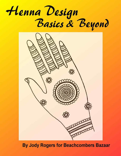 cover for henna design eBook. A drawn simple hand design on a  yellow and orange background.