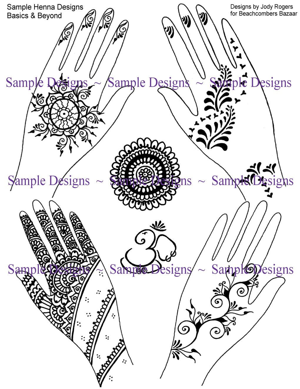 Drawn samples of henna designs from teh eBook. 4 hands and a couple of floating designs.