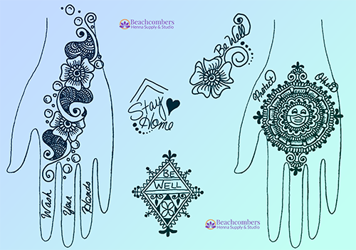 henna design sheet features 2 hands and 3 non-hand designs that encourage hygiene, mask wearing, and protecting others