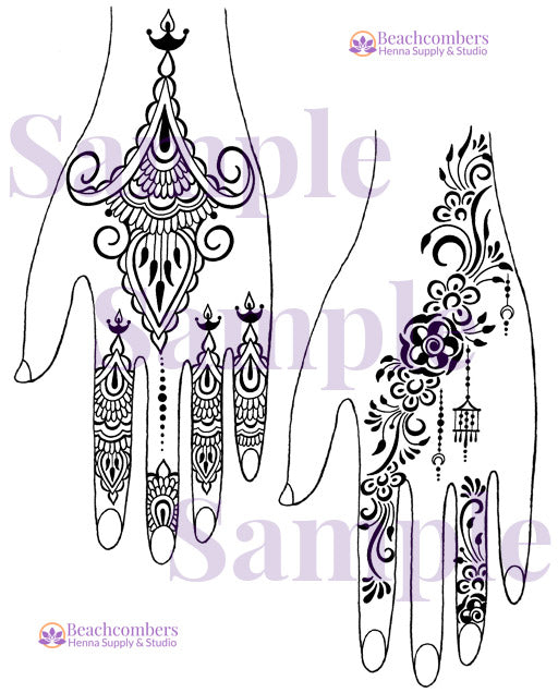 Indian and Persian henna designs on hands with Diwali patterns, featuring Beachcombers Henna Supply & Studio branding.