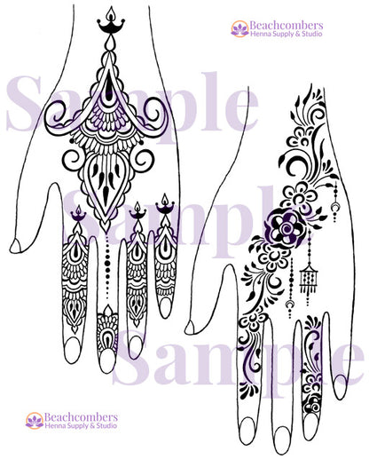 Indian and Persian henna designs on hands with Diwali patterns, featuring Beachcombers Henna Supply & Studio branding.