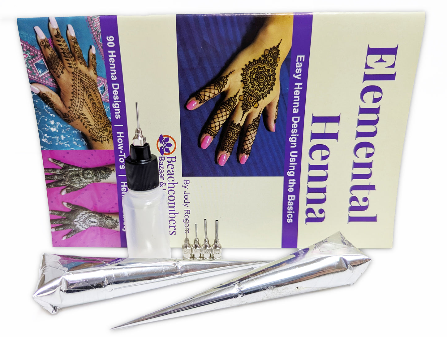 Picture of the fun and easy henna kit with two henna cones, bottle, and henna book.