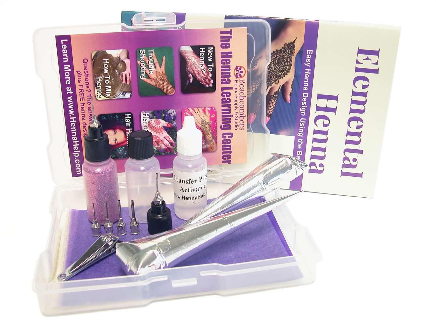 Picture of the 123 Henna Gift kit. Case with 2 cones, glitter, activator, applicator bottle and tips, and a henna book