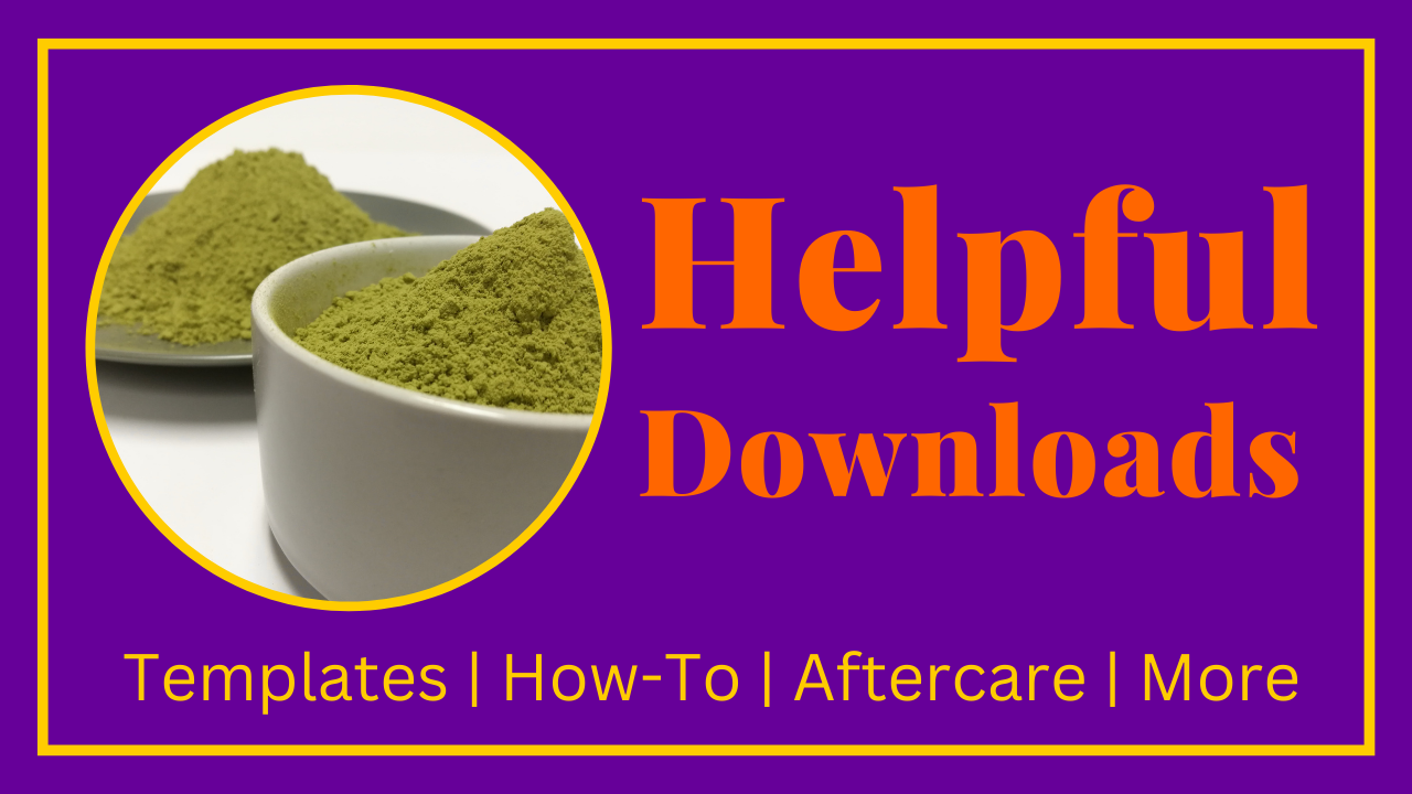 Pic of heaped henna powder in small container labeled Helpful Downloads