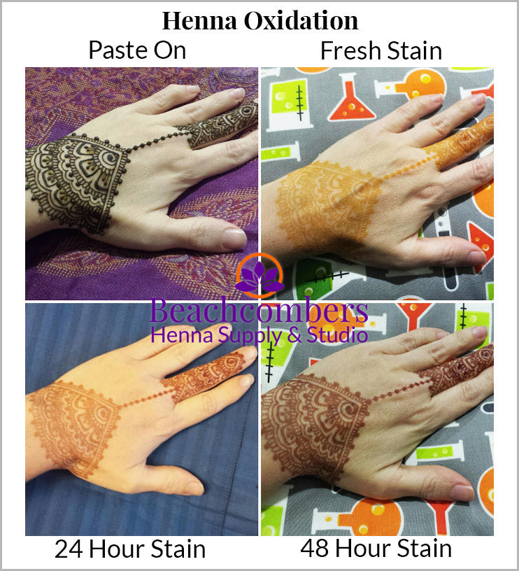 Graphic of henna oxidation with a picture of the same hennaed hand at each of the four stages.