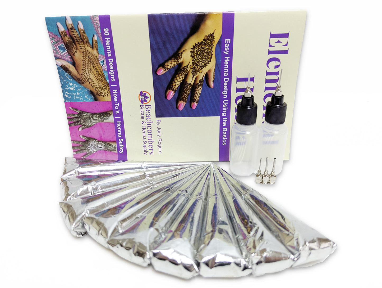 Picture of the Party Pack henna kit with 10 henna cones, bottles, and henna book.