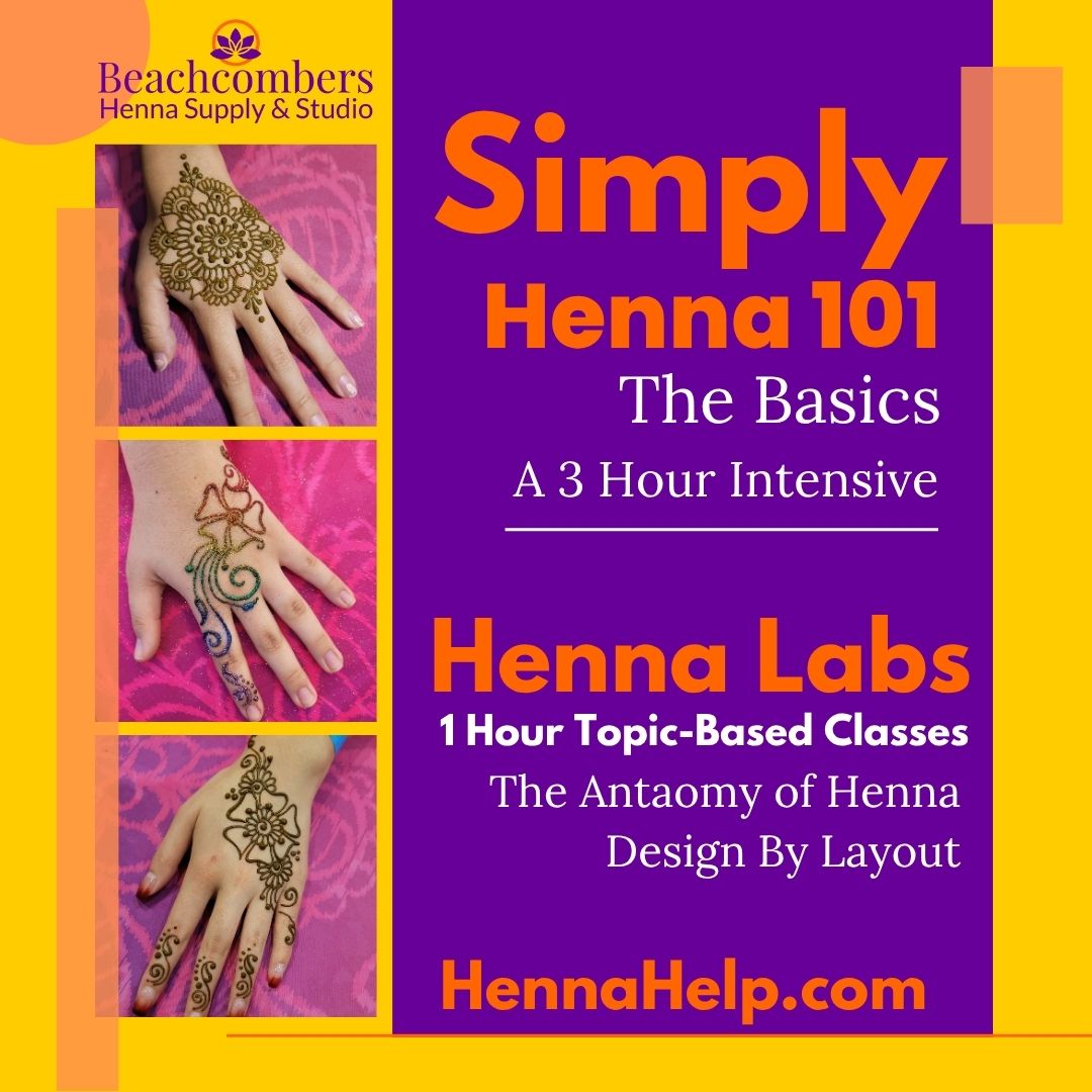 Graphic says Simply Henna 101 The Basics - A 3 hour Intensive and Henna Labs 1 Hour Topic Based Classes. Also features pictures of 3 hennaed hands.
