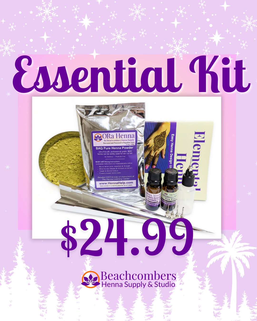 Essential kit with henna powder and bottles on a purple background, featuring Beachcombers Henna Supply & Studio branding.