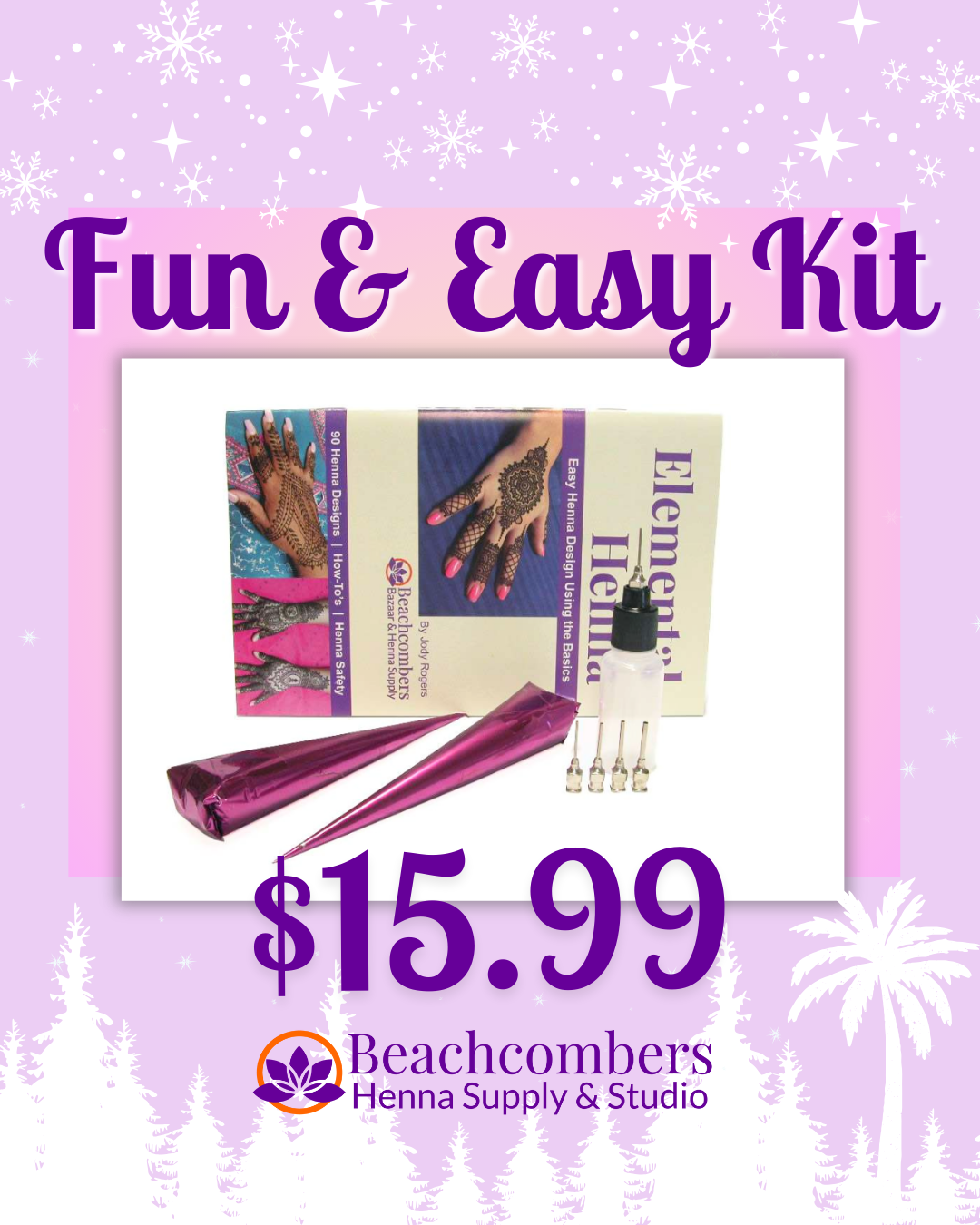Henna kit with tools and packaging on a purple background, featuring Beachcombers Henna Supply & Studio branding.