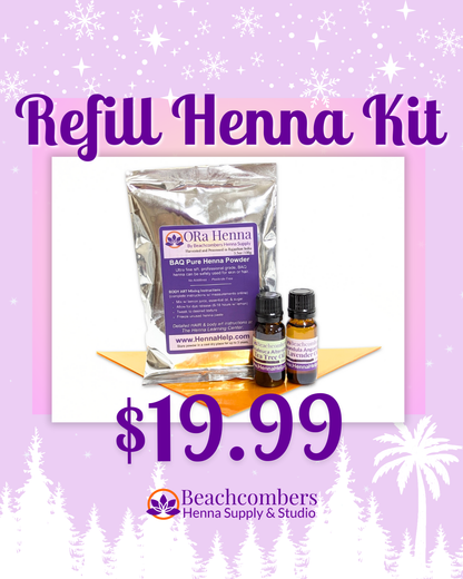 Refill Henna Kit with Ora Henna powder and essential oils on a purple background with decorative elements.