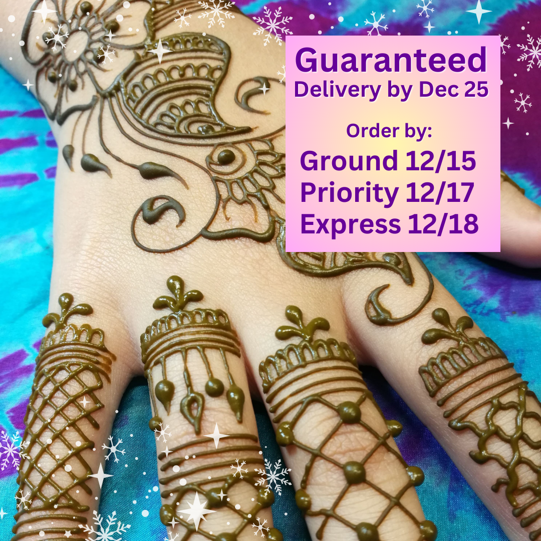 Henna design on hand with a colorful background and delivery information overlay.