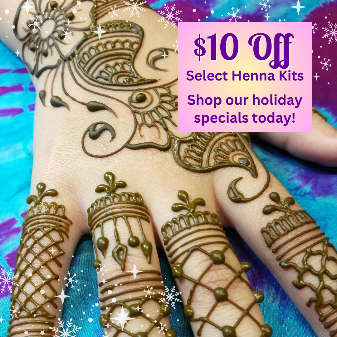 Picture of a hand with a fresh henna design with a box that says "$10 Off Select Henna Kits Shop our holiday specials today" 