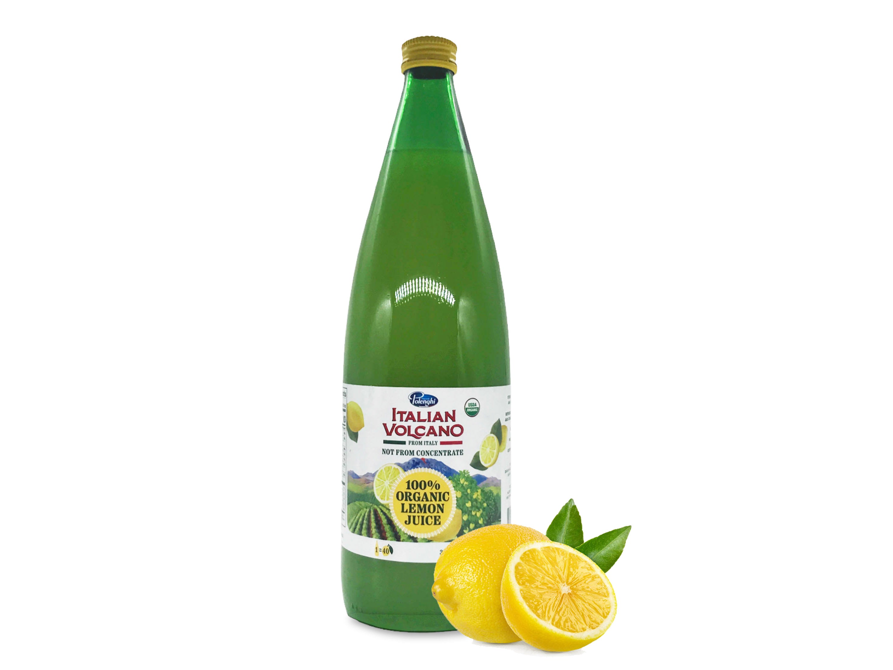 Bottle of organic lemon juice Italian Volcano brand with a lemon and cut lemon