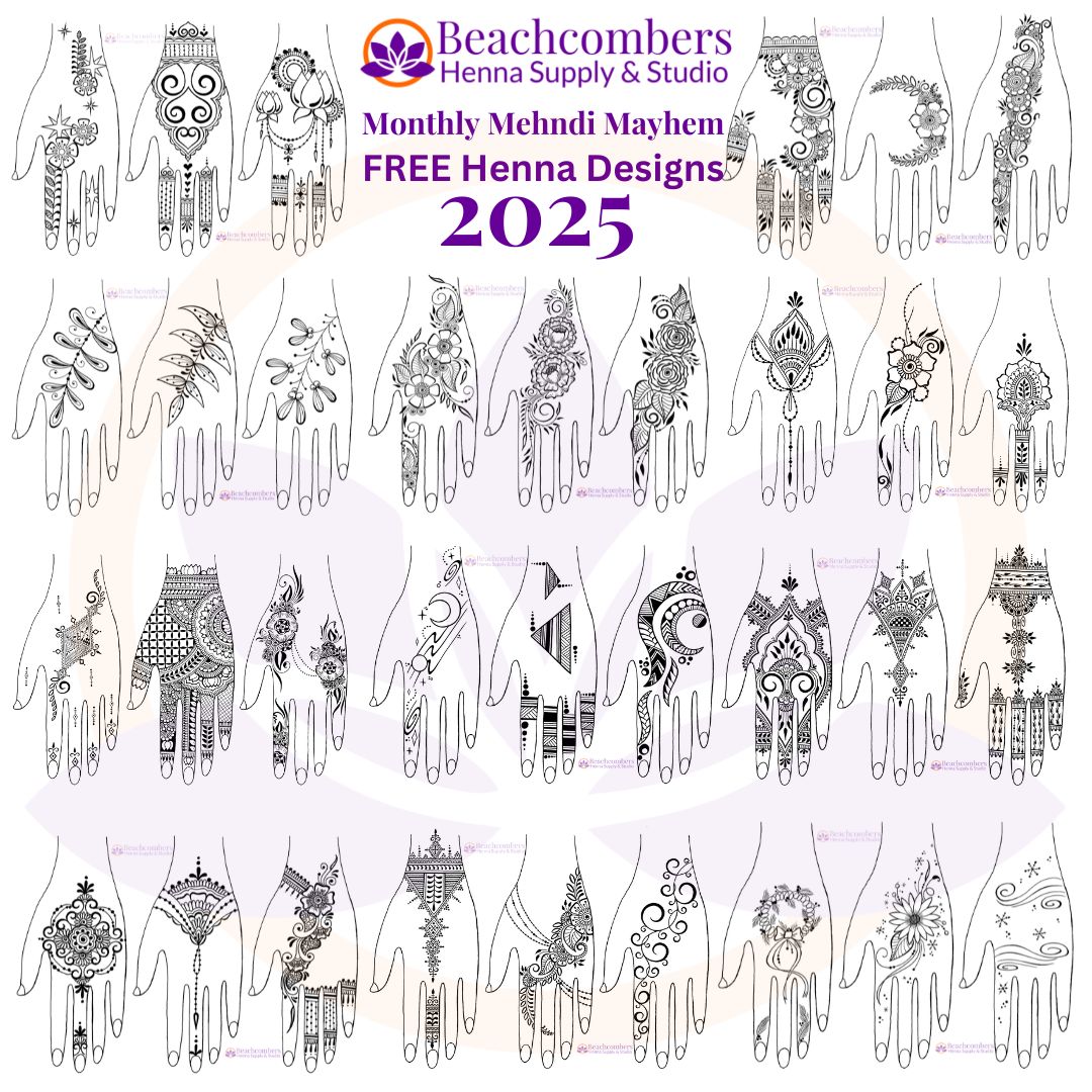 Collection of henna designs on hands with Beachcombers Henna Supply & Studio branding.