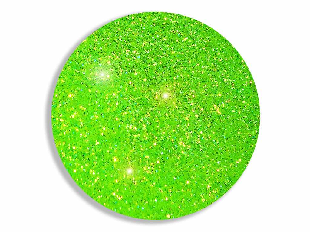 Close up of UV electric kiwi green body glitter cropped into a circle