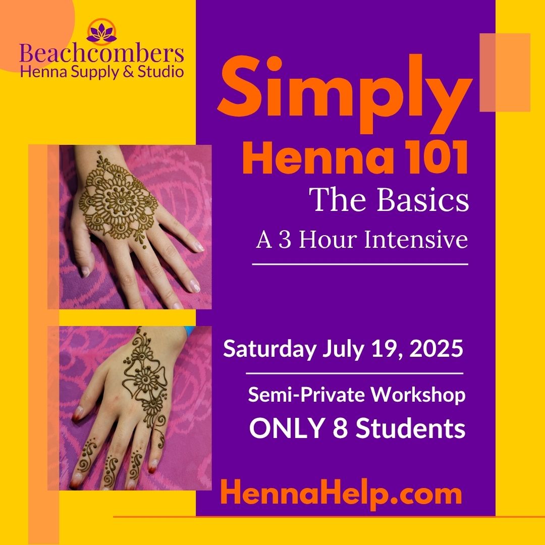 Graphic says Simply Henna 101 The Basics - A 3 hour Intensive with dates. also features two hennaed hands.