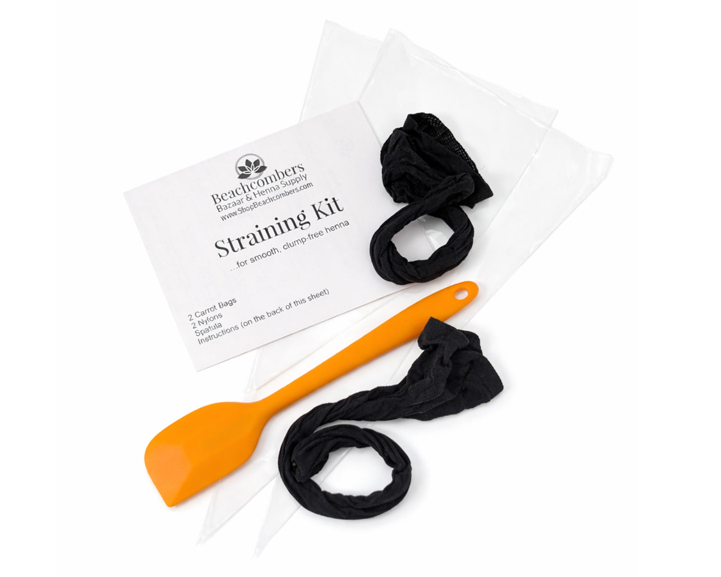 A Beachcombers Henna Straining Kit containing instruction, a spatula, and two nylons for smooth clump-free henna.