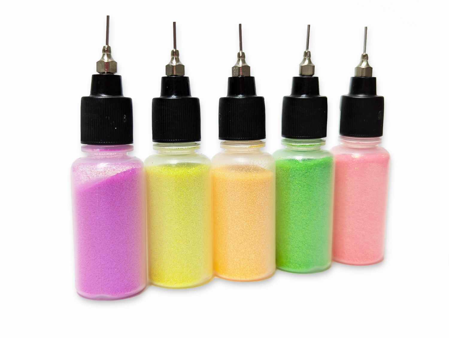 5 bottles of different colors of UV body glitter, pink, yellow, orange, green and salmon