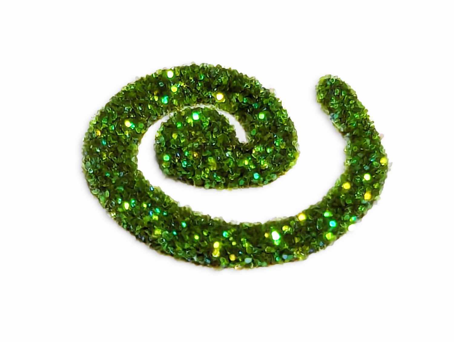 Spiral of wet henna covered in UV electric kiwi green body glitter