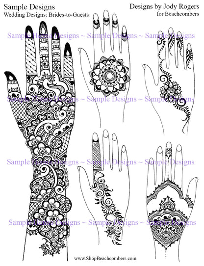 Drawing of 5 sample designs from the ebook. 4 are party-style hands and one is a hand and arm in bridal style