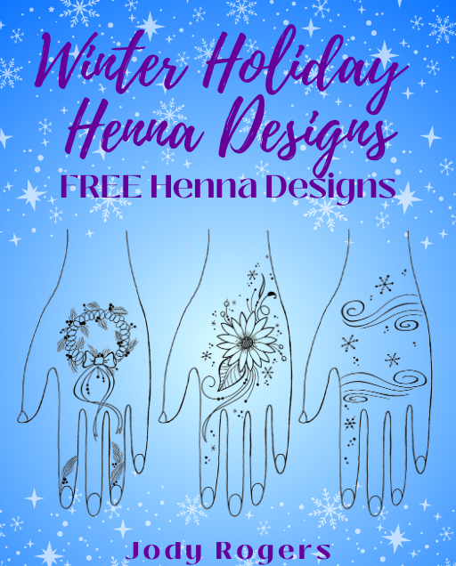 Book cover of 'Winter Holiday Henna Designs' with henna designs on hands and blue background.