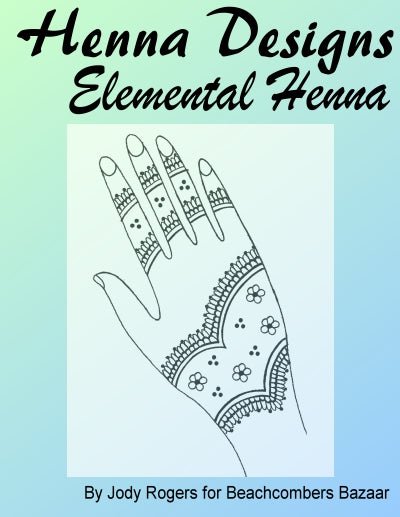 Graphic says "Henna Designs - elemental Henna" with a henna design on a light blue background