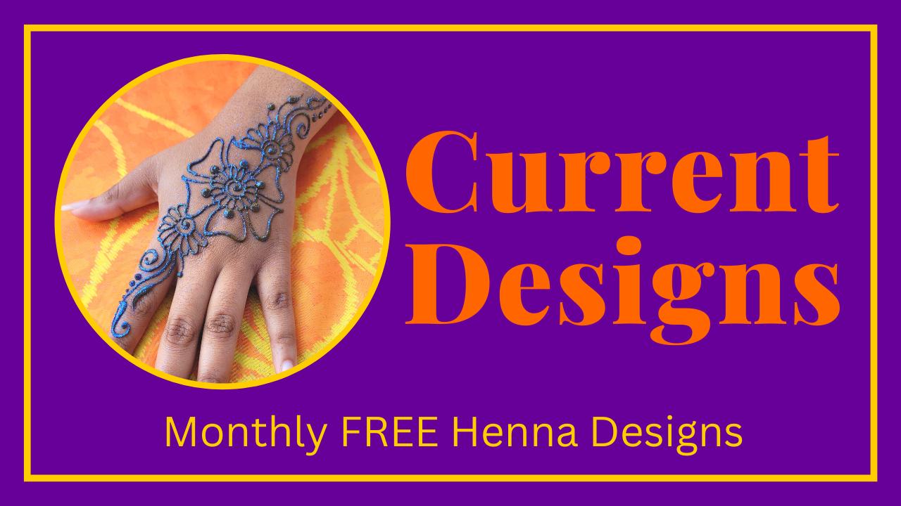 Graphic with picture of a floral sangeet strip henna design labeled Current Designs 