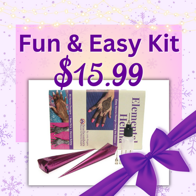 Holiday graphic with picture of the fun and Easy Henna kit, says Fun & Easy Kit $15.99