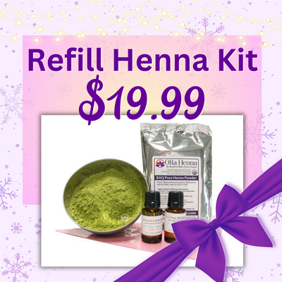 Holiday graphic with picture of the Henna refill kit, says Refill Henna Kit $19.99