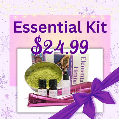 Holiday graphic with picture of the Essential Henna kit, Says Essential Kit $24.99